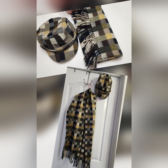 Sonoma Accessories - Plaid scarf and matching hat set in a checkered pattern with colors of brown